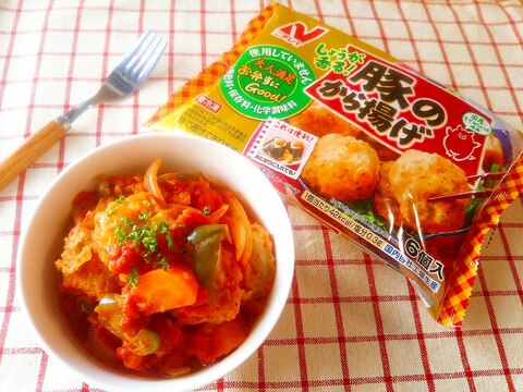 電子レンジで簡単！冷凍豚のから揚げのトマト煮